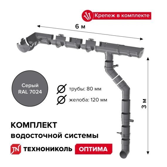 Комплект водосточной системы ПВХ Технониколь ОПТИМА, серый - изображение 1