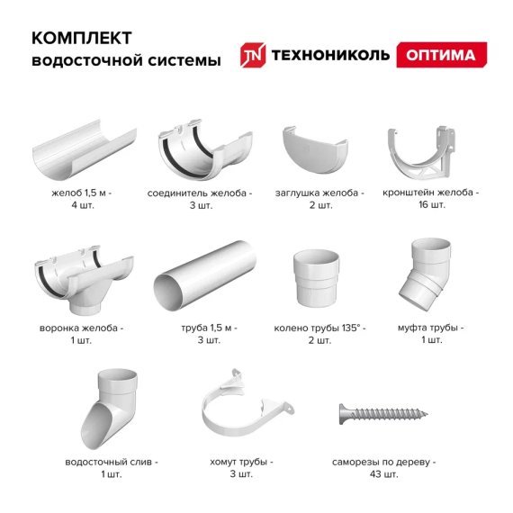 Комплект водосточки ПВХ Технониколь Оптима, Белый - Распродажа складских остатков - изображение 3