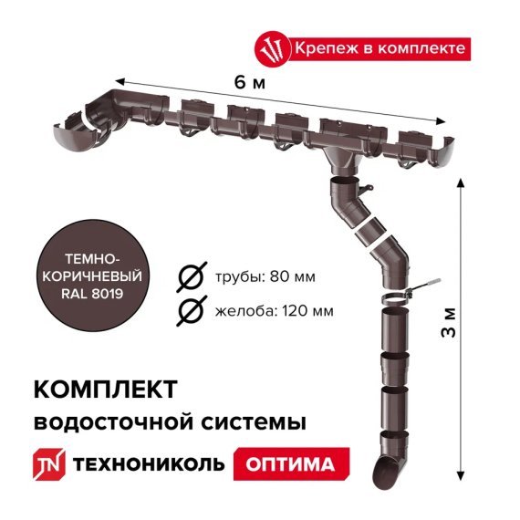 Комплект водосточки ПВХ Технониколь Оптима, Темно-коричневый - Распродажа складских остатков - изображение 1